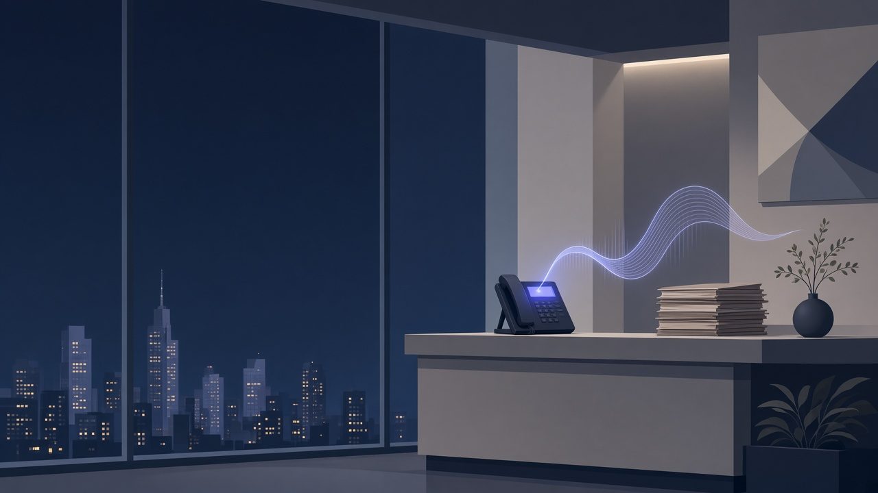 A law firm reception desk at night with the phone answered by an AI receptionist